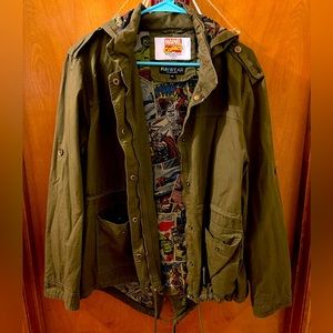 Green Utility Jacket with comic book panels lining.